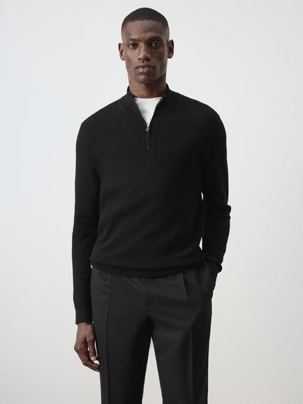 Mango Cotton Rich Half Zip Neck Jumper, Black