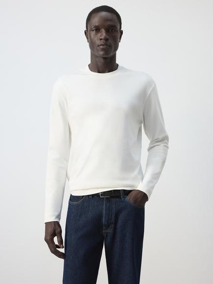 Mango Pure Cotton Long Sleeve Crew Neck T-Shirt, White