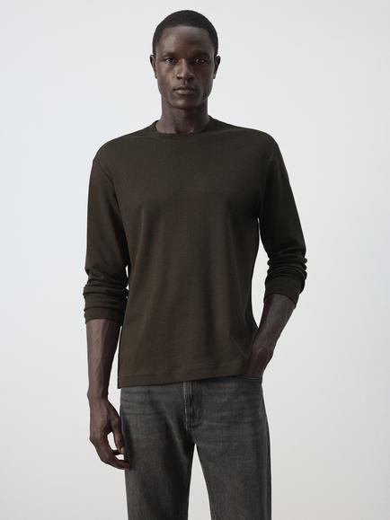 Mango Pure Cotton Long Sleeve Crew Neck T-Shirt, Brown