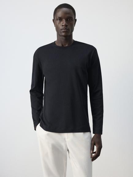 Mango Pure Cotton Long Sleeve Crew Neck T-Shirt, Navy