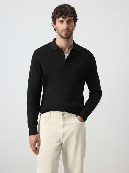 Mango Cotton Rich Knit Polo Top, Black