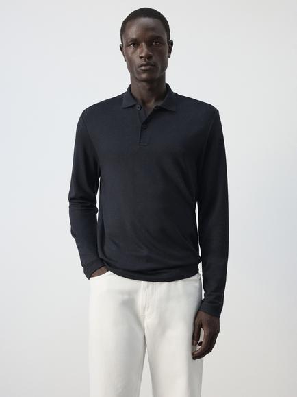 Mango Heritage Cotton Long Sleeve Collared Polo Top, Navy, Navy