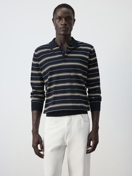 Mango Popsi Pure Cotton Striped Long Sleeve Polo Shirt, Navy, Navy