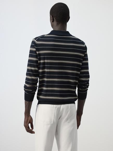 Mango Popsi Pure Cotton Striped Long Sleeve Polo Shirt, Navy - view 2, Navy