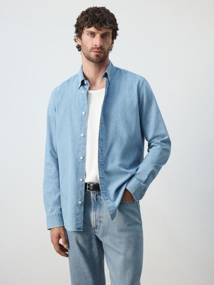 Mango Regular Fit Cotton Rich Shirt, Mid Blue, Light Blue