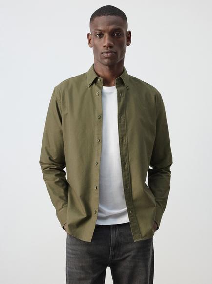 Mango Oxford Slim Fit Button Collar Cotton Shirt, Khaki