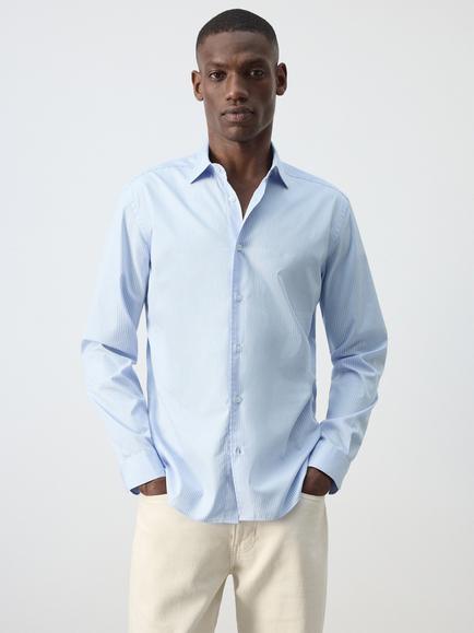 Mango Player Pure Cotton Striped Long Sleeve Shirt, Sky Blue, Sky Blue