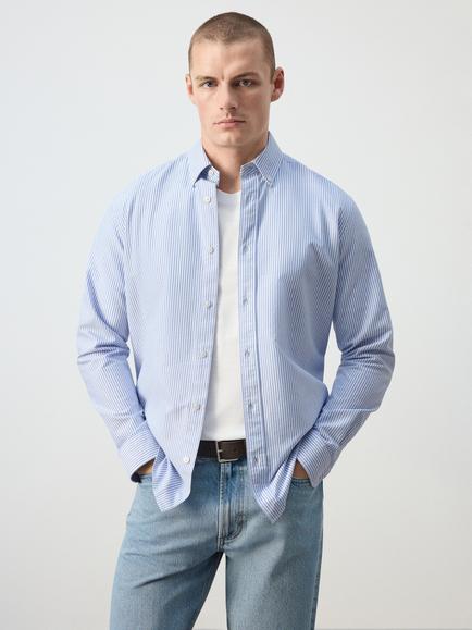Mango Regular Fit Striped Cotton Shirt, Navy