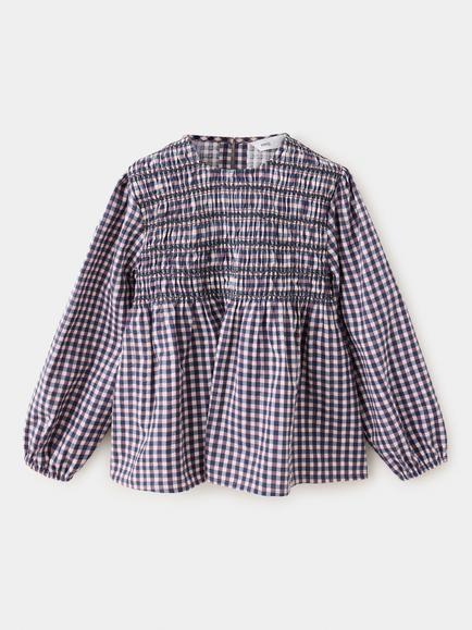 Mango Kids' Hand Smocked Gingham Peasant Blouse, Violet, Violet