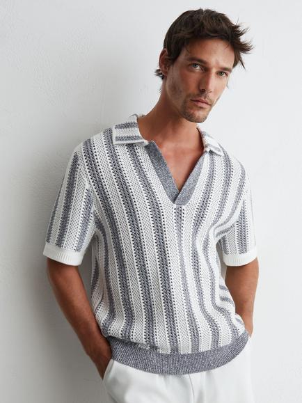 Reiss Globe Regular Fit Striped Polo Shirt, Soft Blue/White, Soft Blue/White