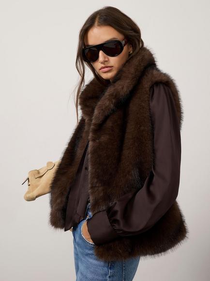 Mint Velvet Faux Fur Gilet, Brown, Brown
