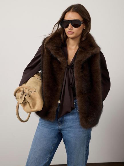 Mint Velvet Faux Fur Gilet, Brown - view 2, Brown