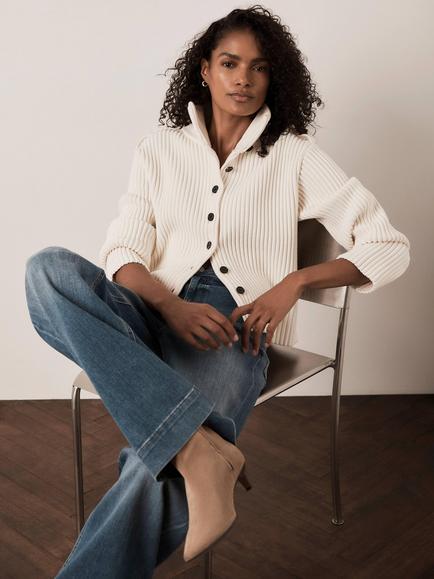 Mint Velvet Ribbed Knit Jacket, White Ivory, White Ivory