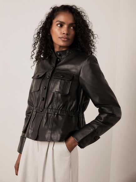 Mint Velvet Leather Peplum Jacket, Black, Black