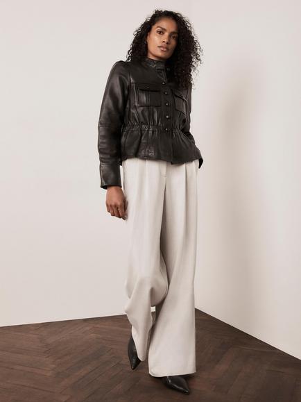 Mint Velvet Leather Peplum Jacket, Black - view 2, Black
