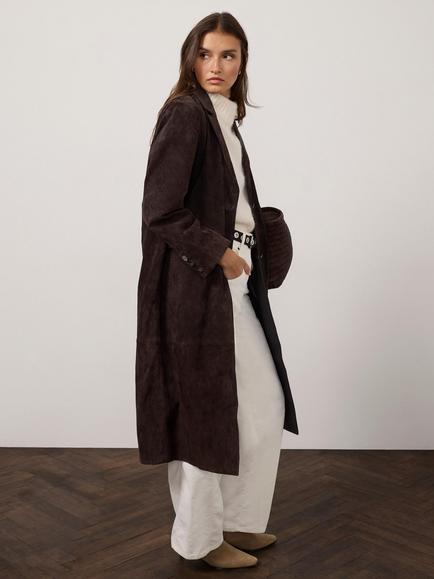 Mint Velvet Suede Single Breasted Longline Coat, Brown, Brown