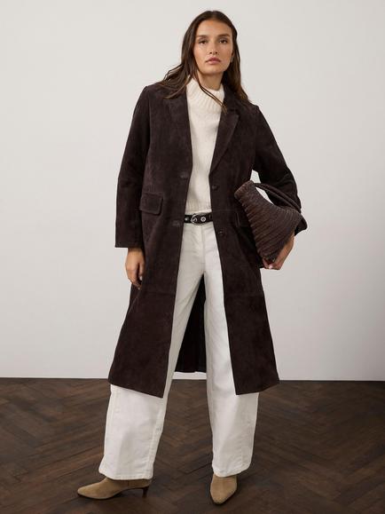 Mint Velvet Suede Single Breasted Longline Coat, Brown - view 2, Brown