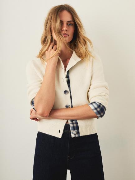 Mint Velvet Check Trim Cardigan, Natural Cream, Natural Cream