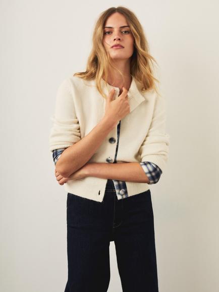 Mint Velvet Check Trim Cardigan, Natural Cream - view 2, Natural Cream