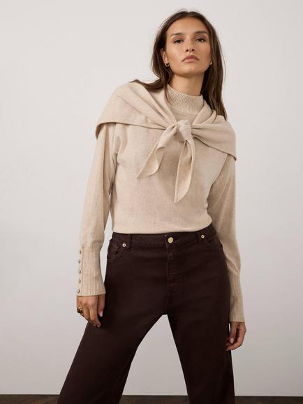 Mint Velvet Scarf Detail Cotton Blend with Cashmere Jumper, Natural Natural