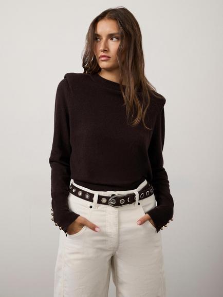 Mint Velvet Shoulder Detail Cotton Blend with Cashmere Jumper, Brown, Brown