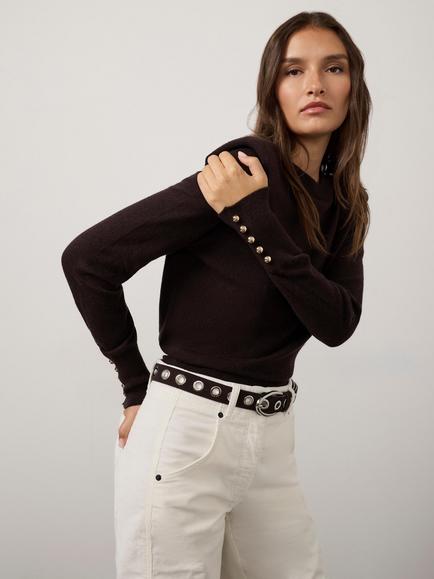 Mint Velvet Shoulder Detail Cotton Blend with Cashmere Jumper, Brown - view 2, Brown