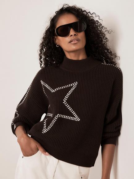 Mint Velvet Whipstitch Star Detail Jumper, Brown/Multi, Brown/Multi