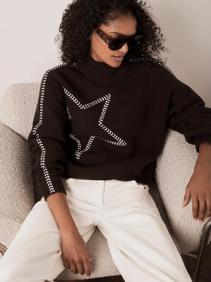 Mint Velvet Whipstitch Star Detail Jumper, Brown/Multi - view 2, Brown/Multi