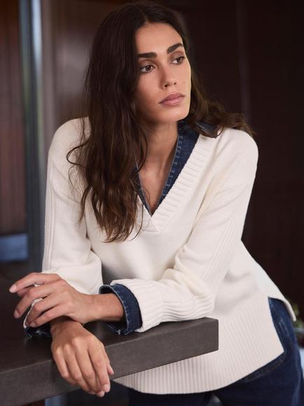 Mint Velvet Denim Trim Knit Jumper, White Ivory - view 2, White Ivory