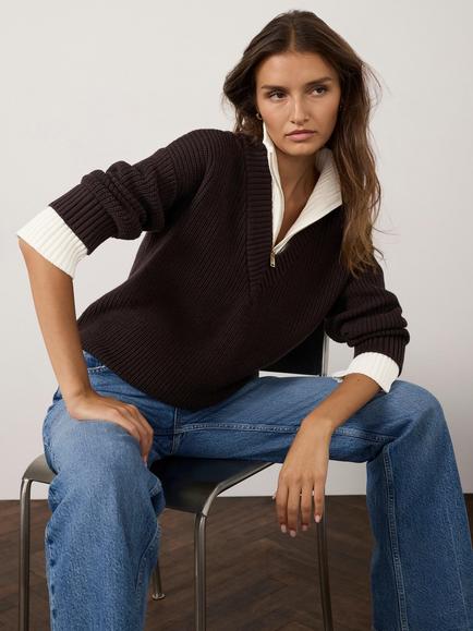 Mint Velvet Layered Funnel Neck Zip Jumper, Brown/Multi - view 2, Brown/Multi
