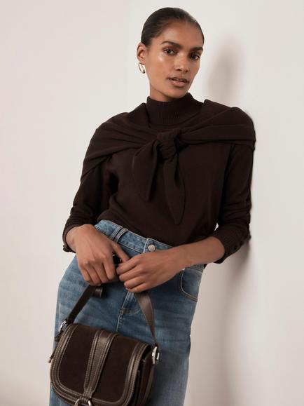 Mint Velvet Cape Layer Long Sleeve Top, Brown, Brown