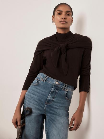 Mint Velvet Cape Layer Long Sleeve Top, Brown - view 2, Brown