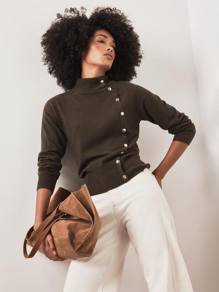 Mint Velvet Button Detail Cotton Blend with Cashmere Jumper, Green, Green