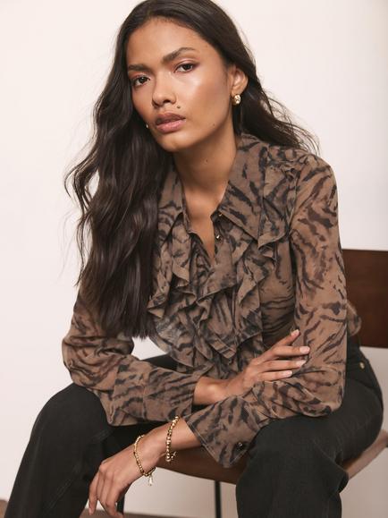Mint Velvet Animal Print Ruffle Detail Long Sleeve Top, Brown/Multi - view 2, Brown/Multi