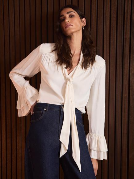 Mint Velvet Satin Pussybow Blouse, Natural Cream, Natural Cream