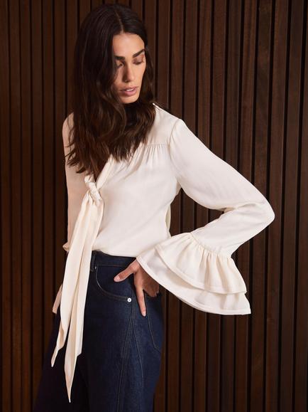 Mint Velvet Satin Pussybow Blouse, Natural Cream - view 2, Natural Cream