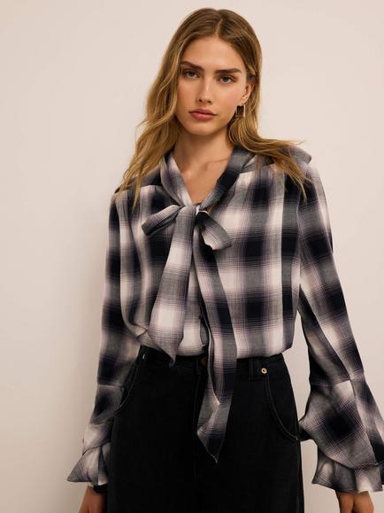Mint Velvet Check Pussybow Blouse, Grey/Multi, Grey/Multi