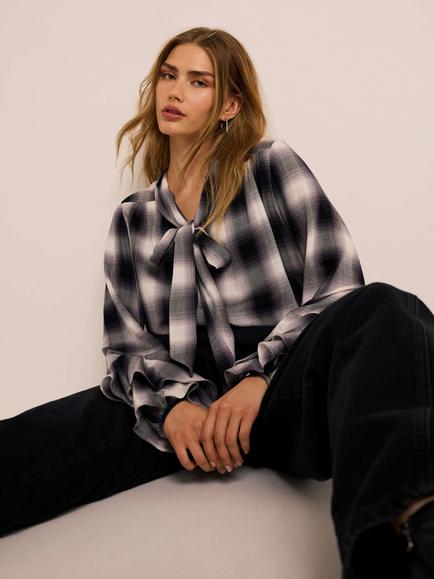 Mint Velvet Check Pussybow Blouse, Grey/Multi - view 2, Grey/Multi