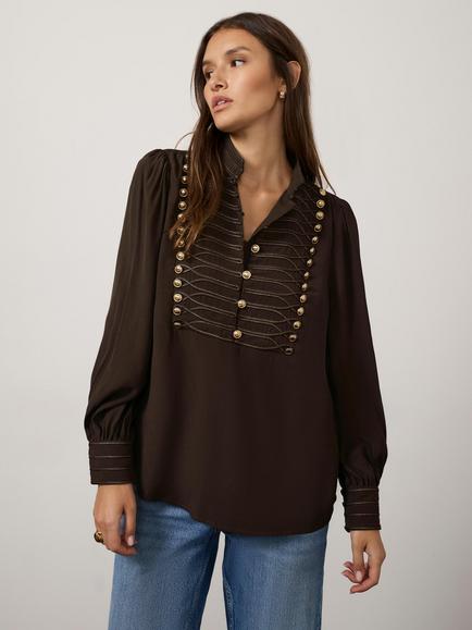 Mint Velvet Military Detail Long Sleeve Top, Brown, Brown