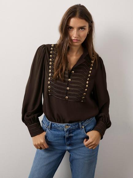 Mint Velvet Military Detail Long Sleeve Top, Brown - view 2, Brown