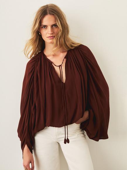 Mint Velvet Balloon Hem Puff Sleeve Top, Brown, Brown
