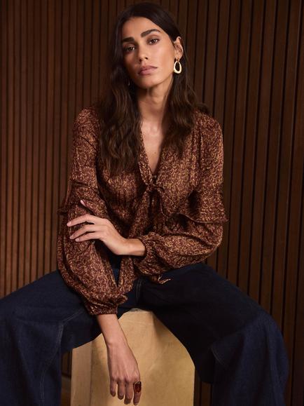 Mint Velvet Floral Pussybow Long Sleeve Top, Brown, Brown