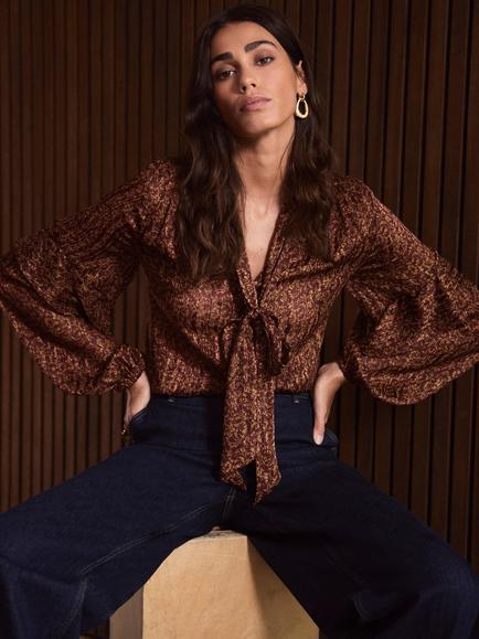 Mint Velvet Floral Pussybow Long Sleeve Top, Brown - view 2, Brown