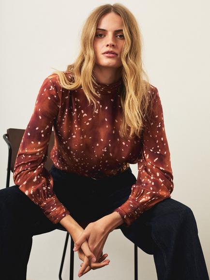 Mint Velvet Deer Print Long Sleeve Top, Brown/Multi, Brown/Multi