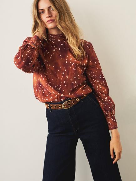 Mint Velvet Deer Print Long Sleeve Top, Brown/Multi - view 2, Brown/Multi