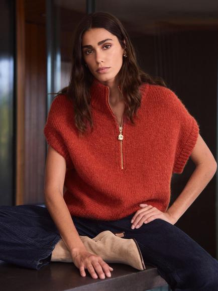 Mint Velvet Funnel Neck Half Zip Knit Top, Orange, Orange