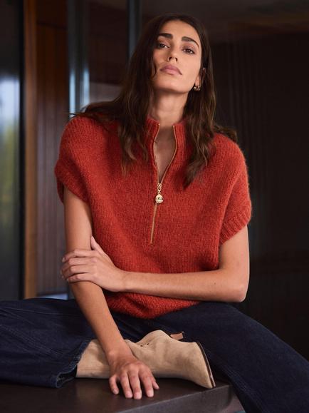 Mint Velvet Funnel Neck Half Zip Knit Top, Orange - view 2, Orange