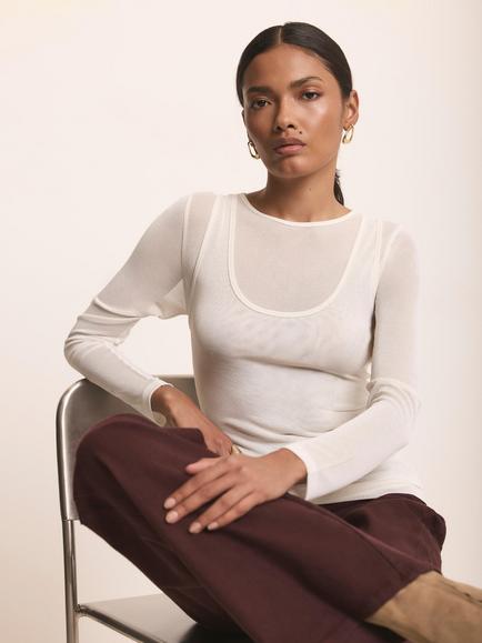 Mint Velvet Sheer Double Layer Top, White Ivory, White Ivory