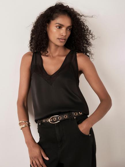 Mint Velvet Satin Lace V-Neck Camisole, Black, Black