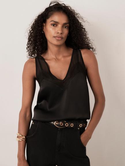 Mint Velvet Satin Lace V-Neck Camisole, Black - view 2, Black